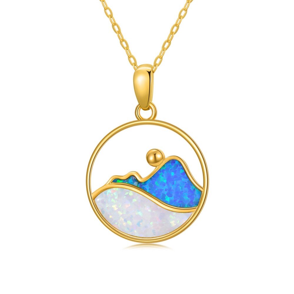10K Gold Round Opal Mountains Pendant Necklace-1