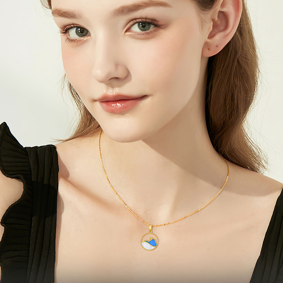 14K Gold Round Opal Mountains Pendant Necklace-2