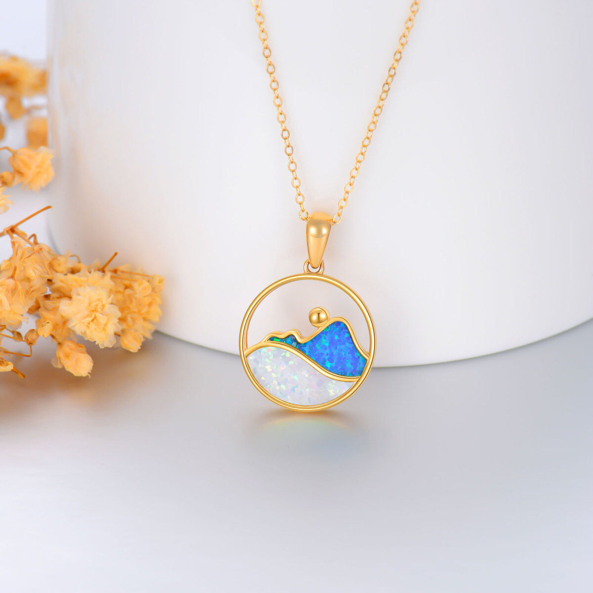 14K Gold Round Opal Mountains Pendant Necklace-3