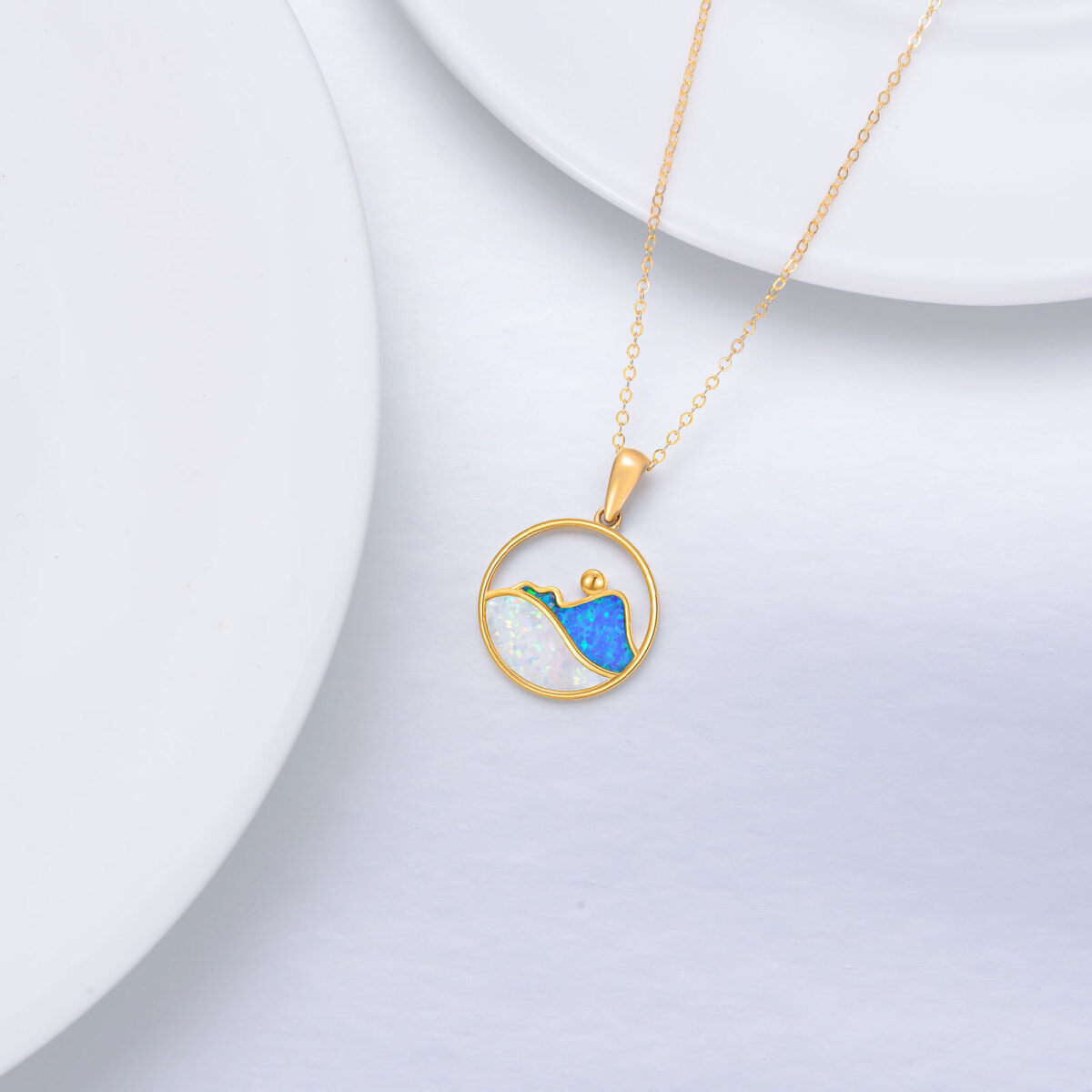 14K Gold Runde Opal Berge Anhänger Halskette-4