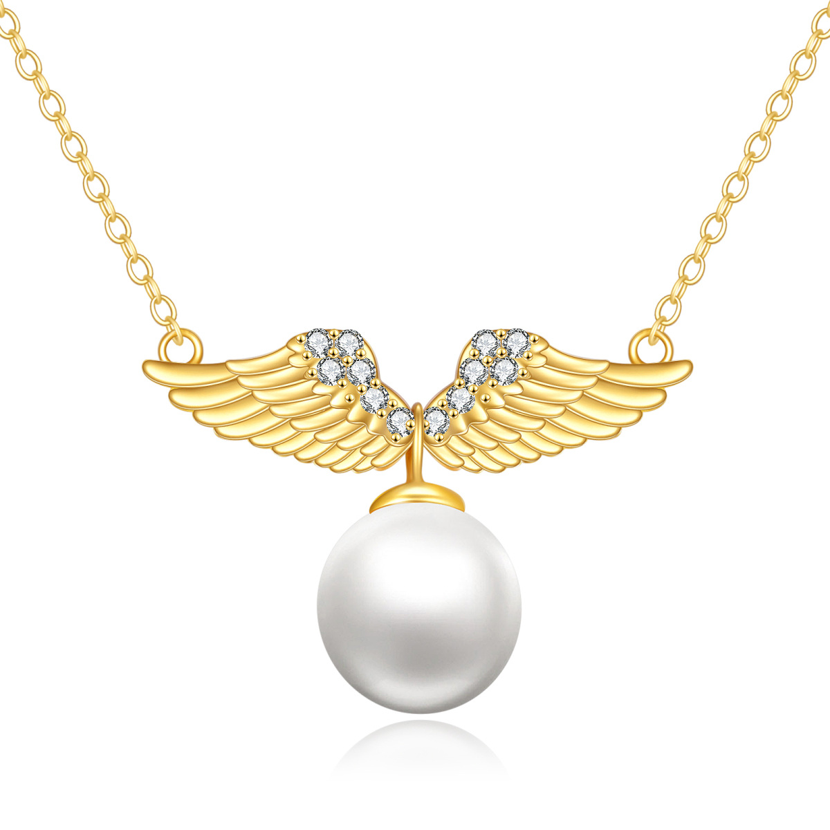 10K Gold Round Pearl Angel Wings Pendant Necklace-1