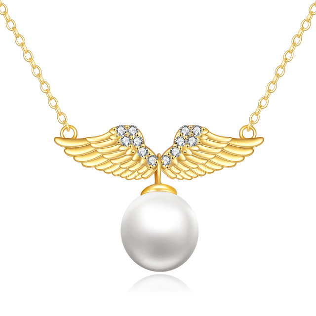 14K Gold Round Pearl Angel Wings Pendant Necklace-2