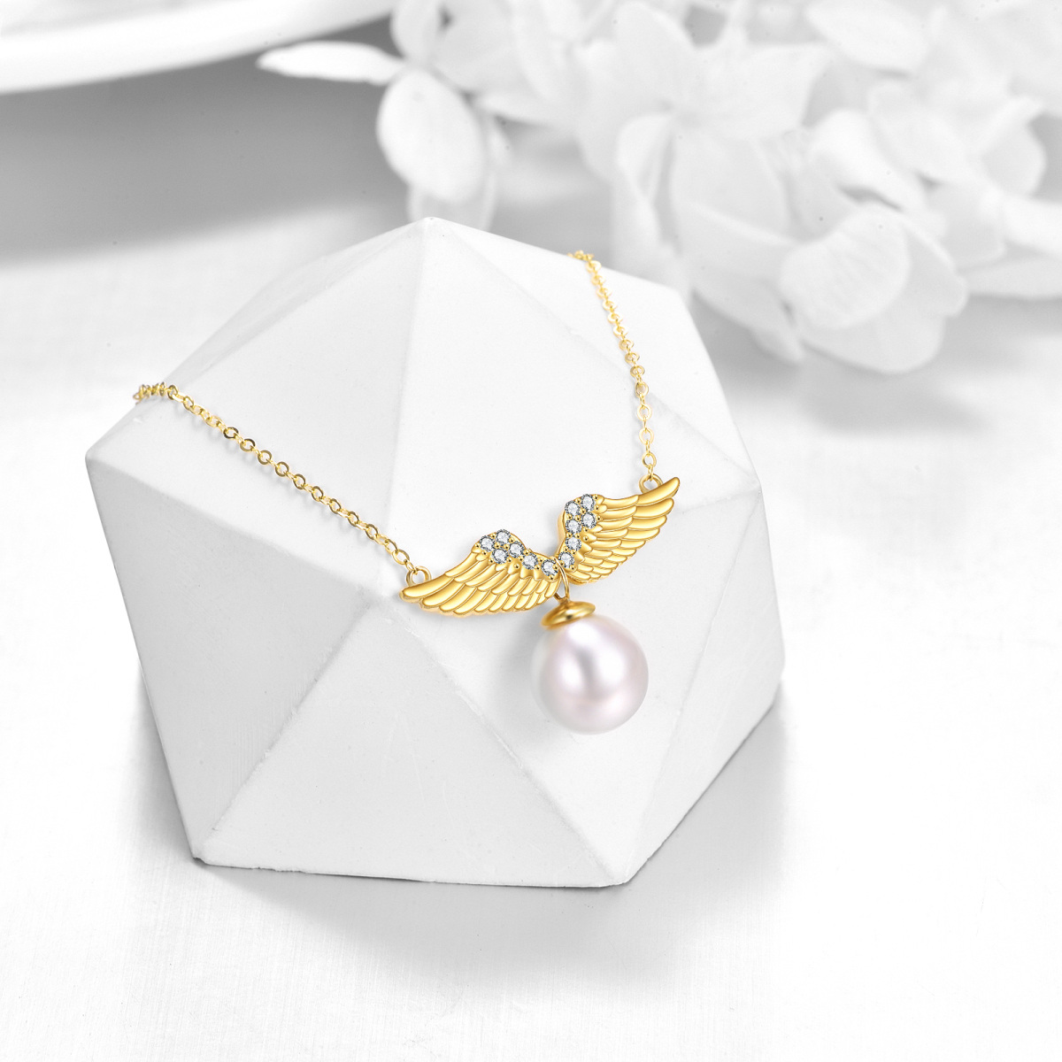 10K Gold Round Pearl Angel Wings Pendant Necklace-3