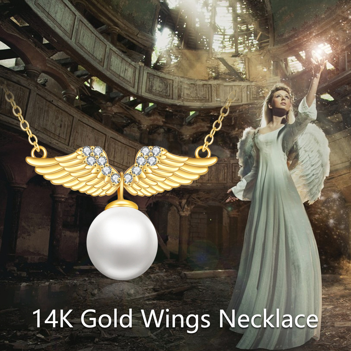 10K Gold Round Pearl Angel Wings Pendant Necklace-5