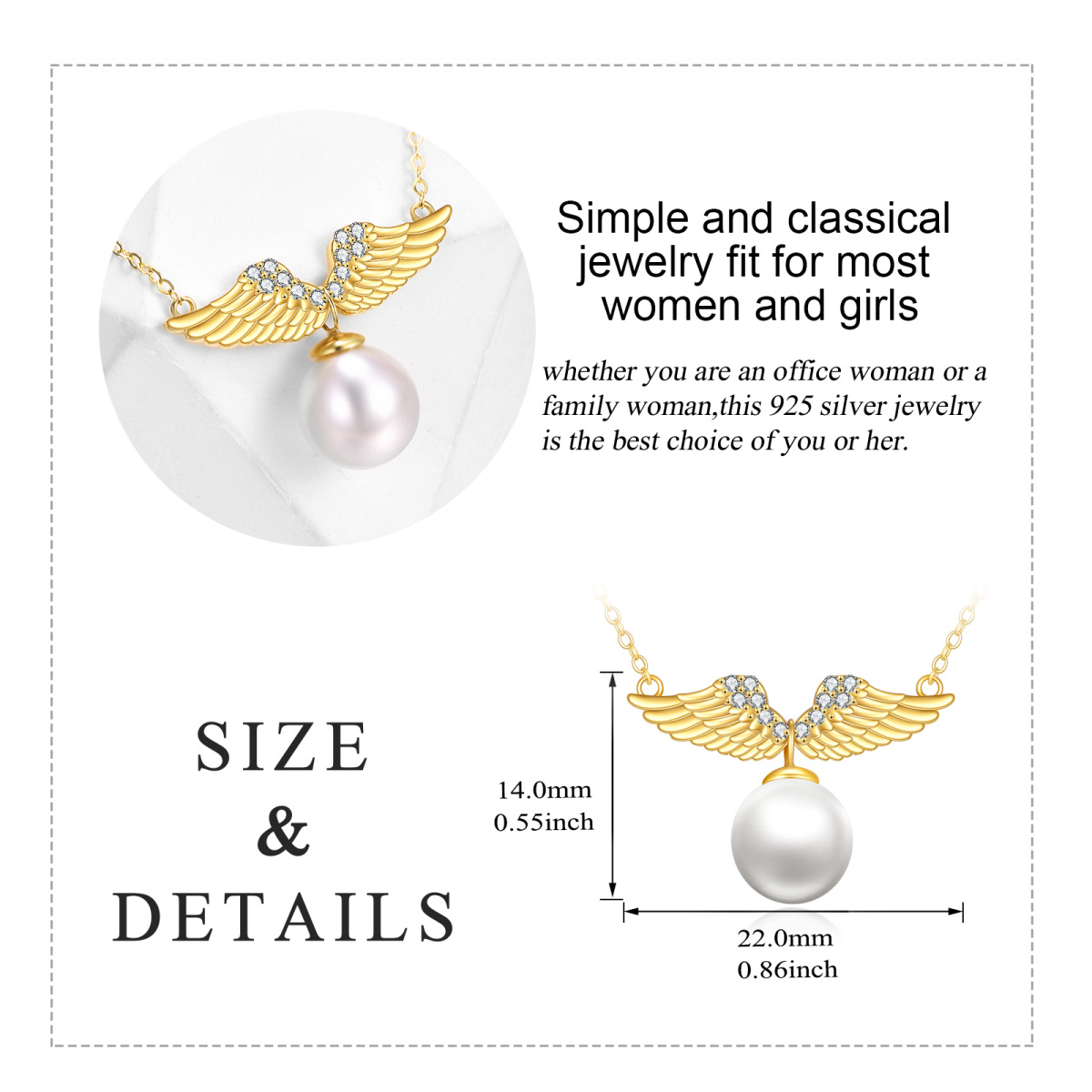 10K Gold Round Pearl Angel Wings Pendant Necklace-6