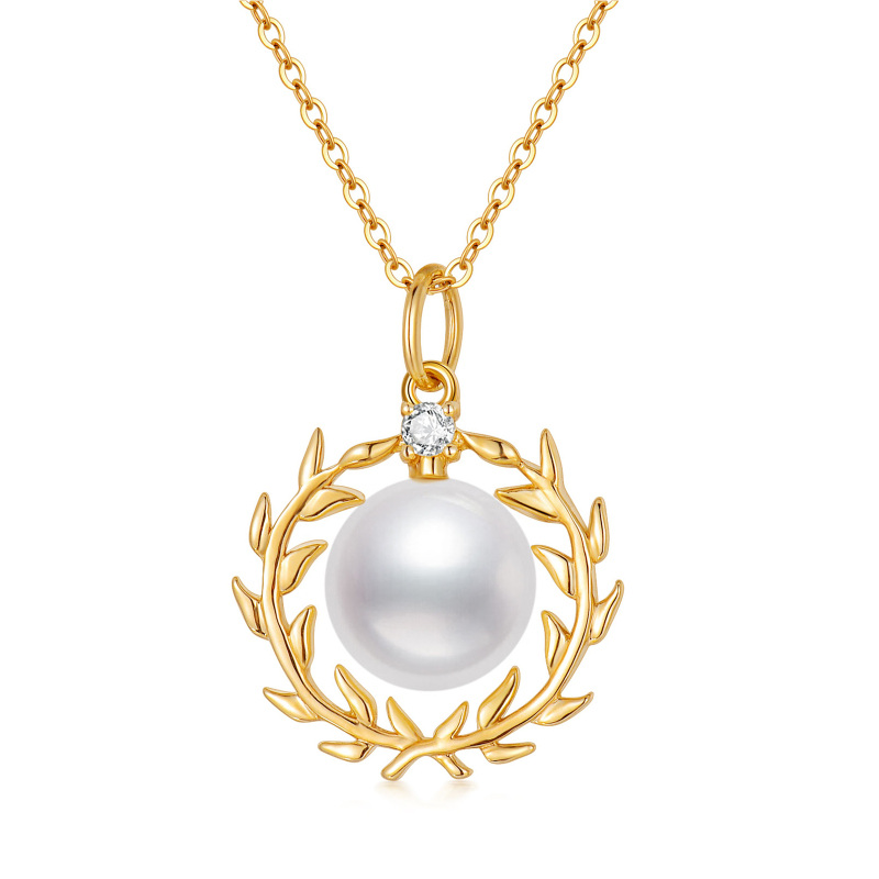 14K Gold Round Cubic Zirconia & Pearl Bead Pendant Necklace-1