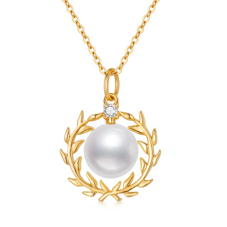 10K Gold Round Cubic Zirconia & Pearl Bead Pendant Necklace-14