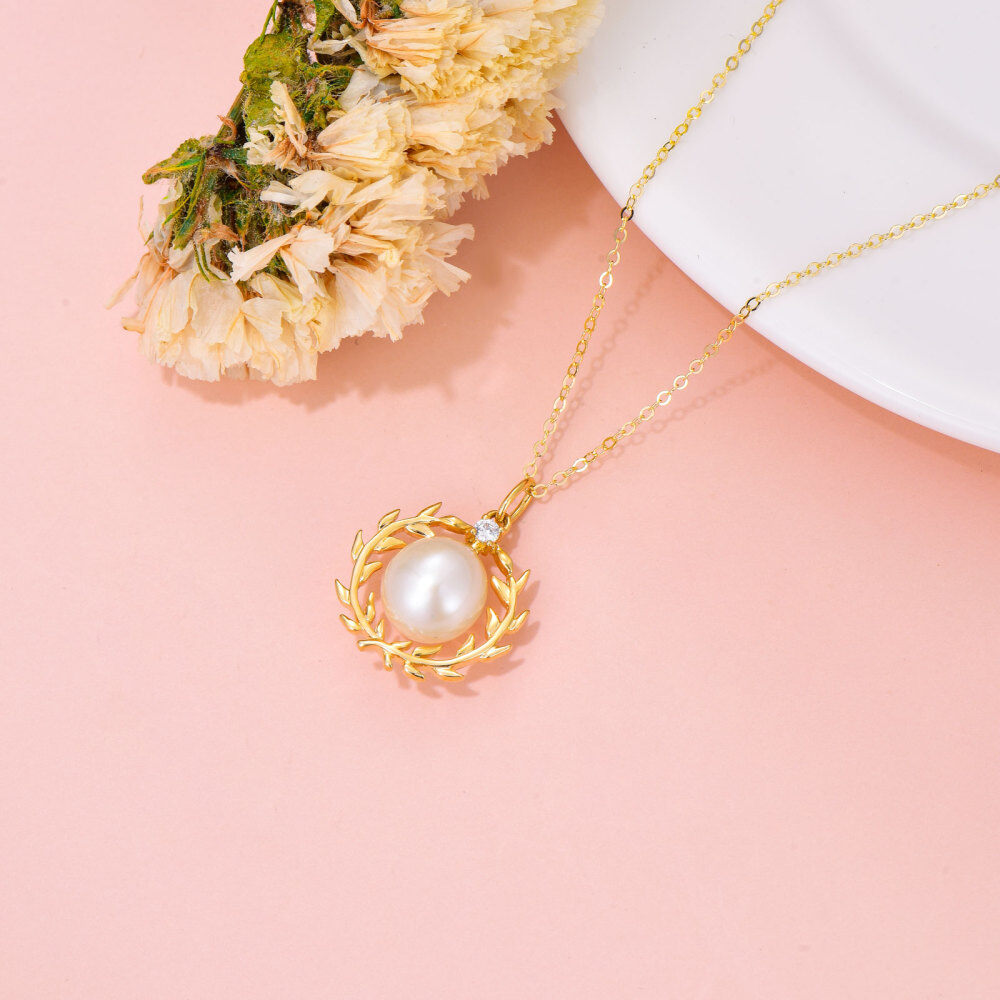 10K Gold Round Cubic Zirconia & Pearl Bead Pendant Necklace-3