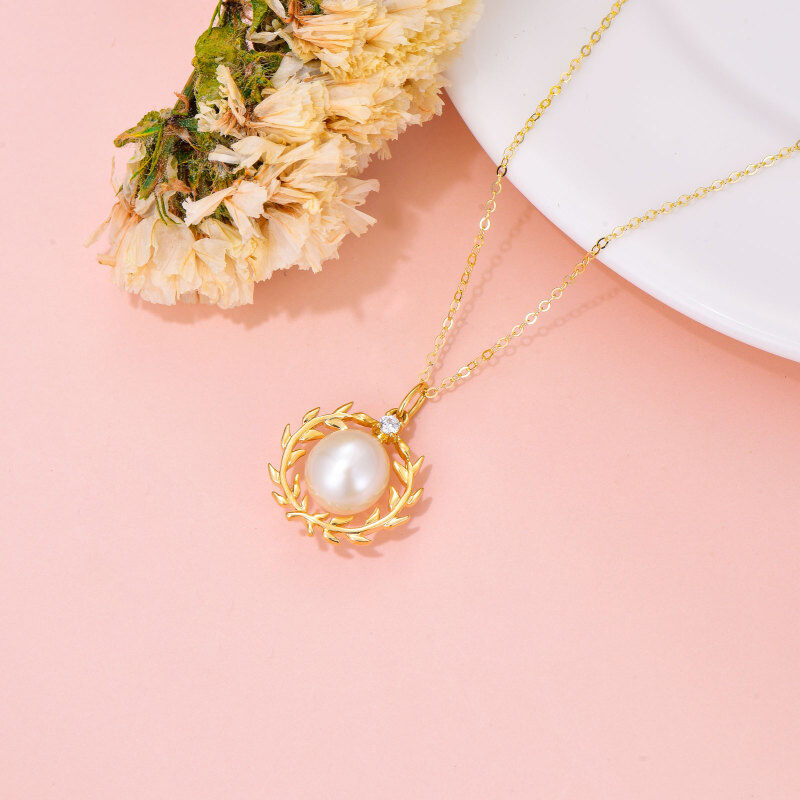 18K Gold Round Cubic Zirconia & Pearl Bead Pendant Necklace-3