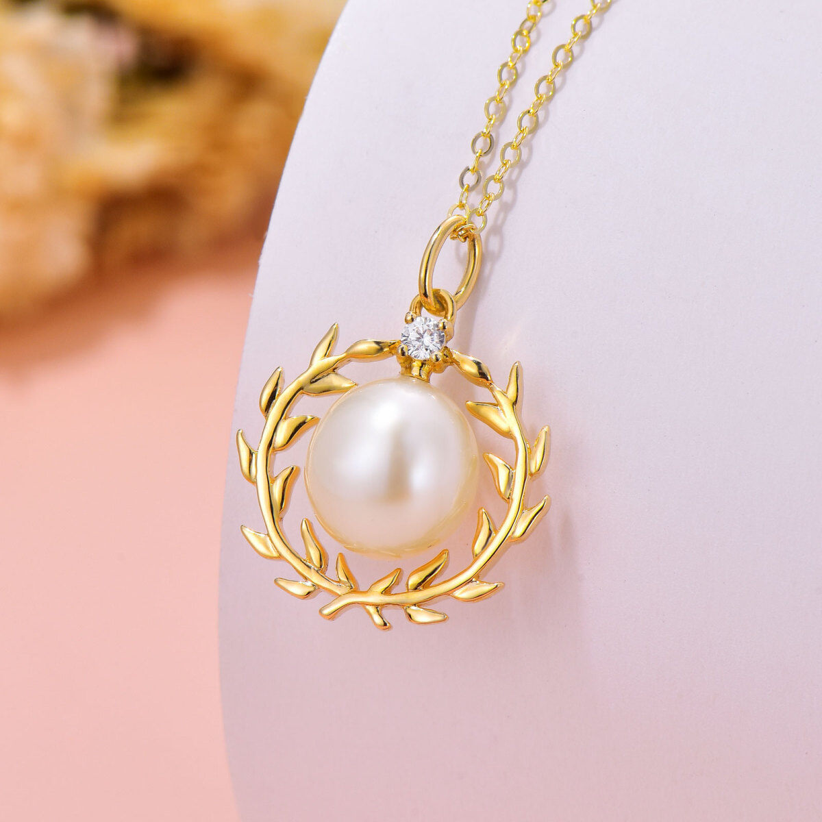 10K Gold Round Cubic Zirconia & Pearl Bead Pendant Necklace-4