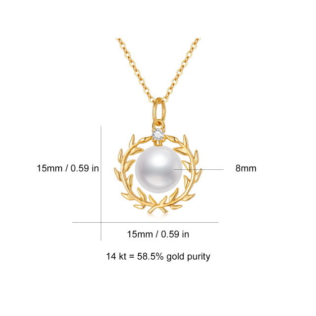 14K gouden ronde zirkonia en parel hanger ketting-5