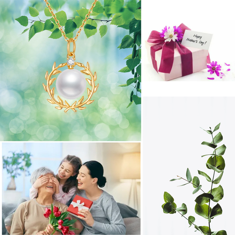 18K Gold Round Cubic Zirconia & Pearl Bead Pendant Necklace-6