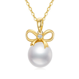 10K Gold Round Pearl Bow Pendant Necklace-24