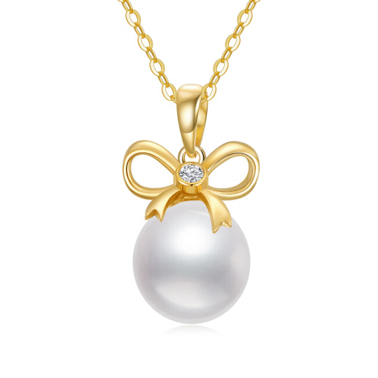 14K Gold Round Pearl Bow Pendant Necklace