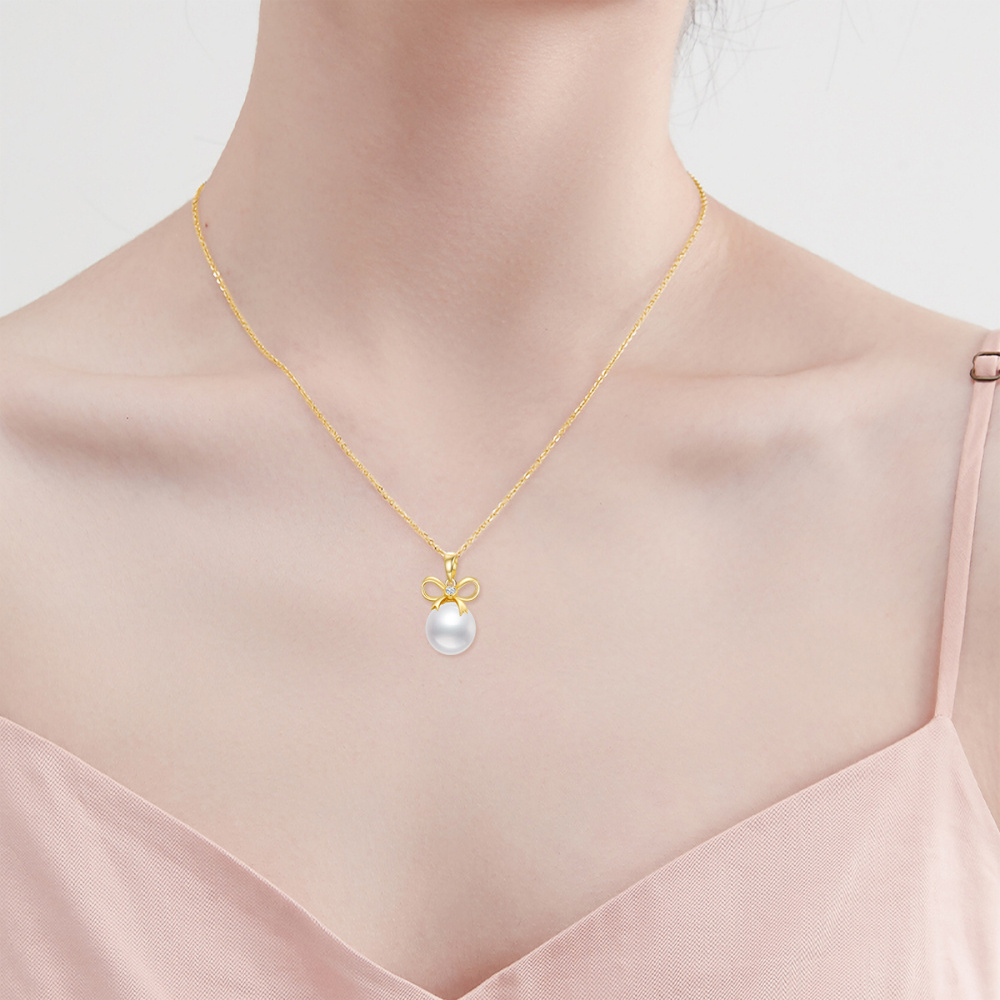 10K Gold Round Pearl Bow Pendant Necklace-2
