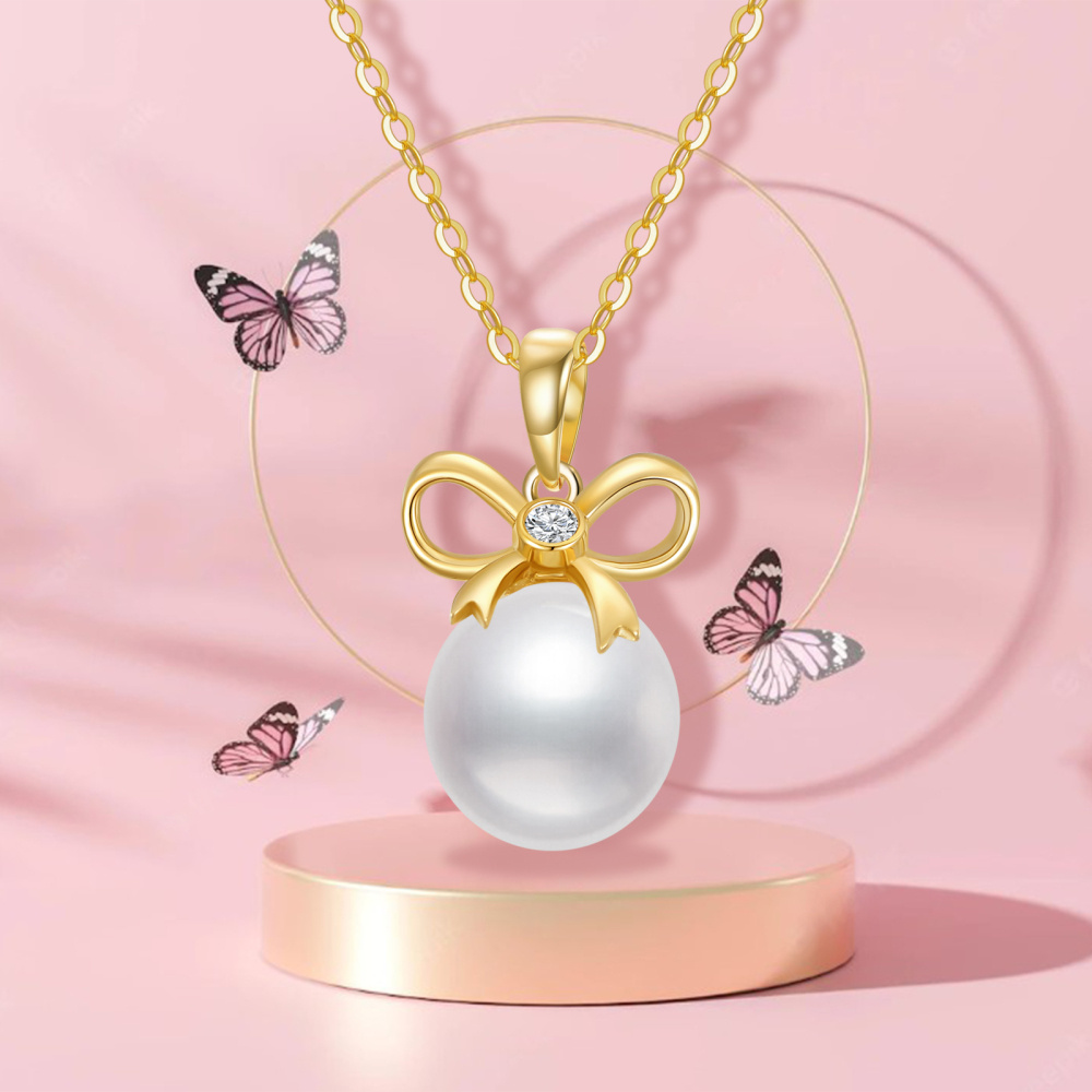 10K Gold Round Pearl Bow Pendant Necklace-3