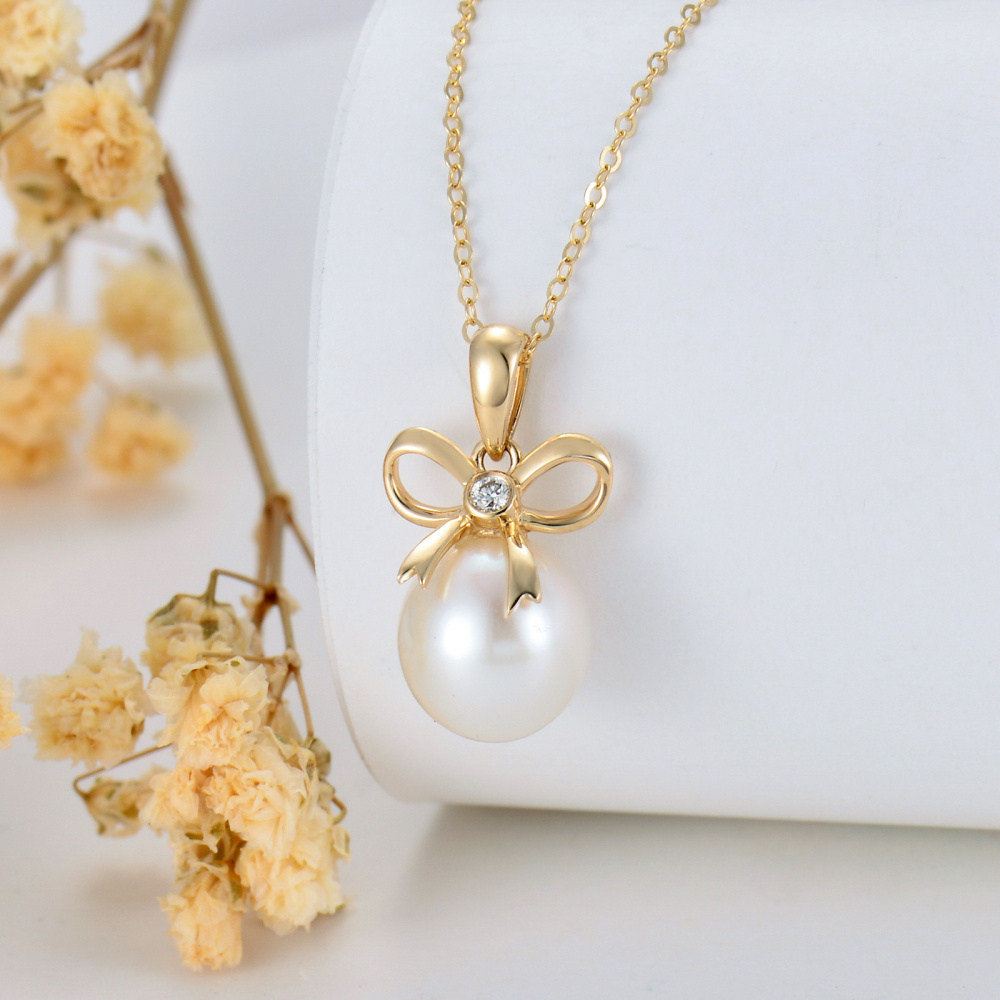 10K Gold Round Pearl Bow Pendant Necklace-4