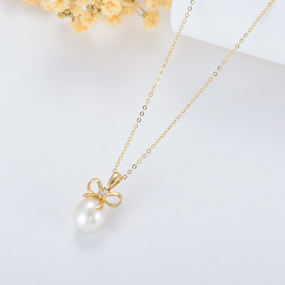 10K Gold Round Pearl Bow Pendant Necklace-5
