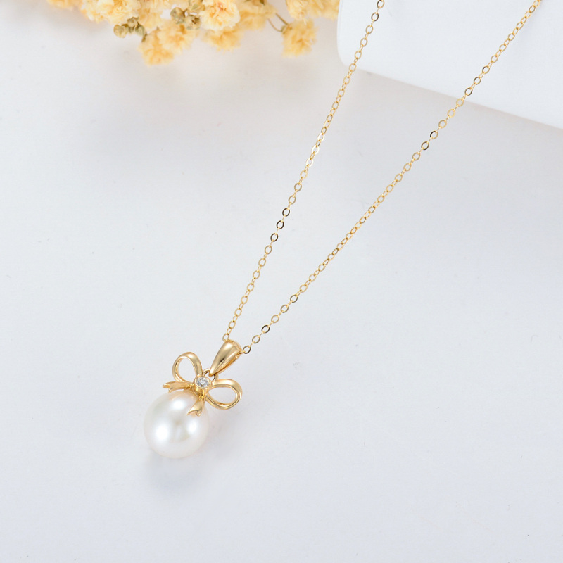 18K Gold Round Pearl Bow Pendant Necklace-5
