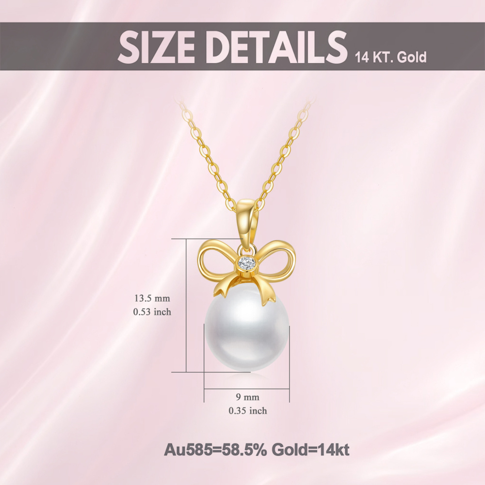 10K Gold Round Pearl Bow Pendant Necklace-6