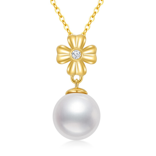 14K Gold Round Pearl Cross Pendant Necklace