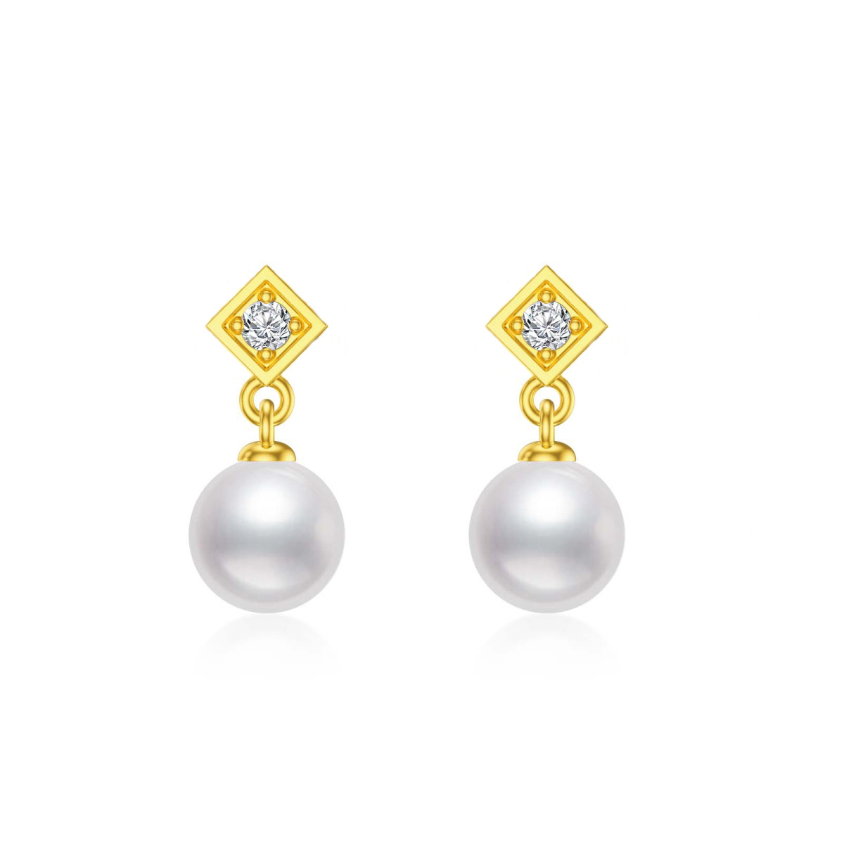 10K Gold Round Cubic Zirconia & Pearl Drop Earrings-1