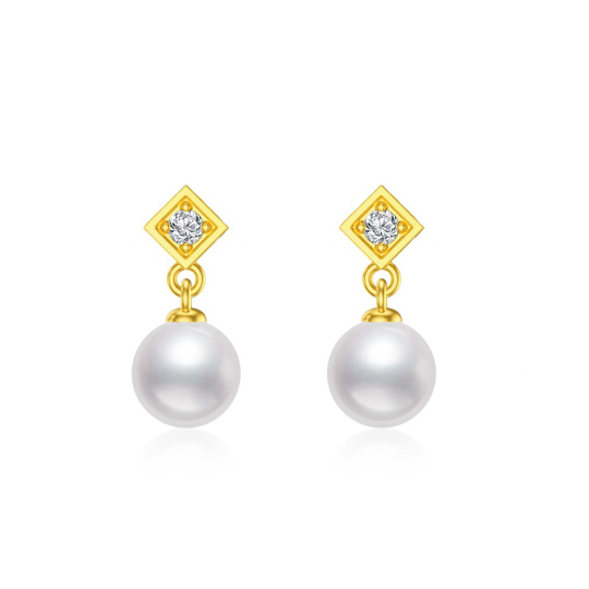 14K Gold Round Cubic Zirconia & Pearl Drop Earrings