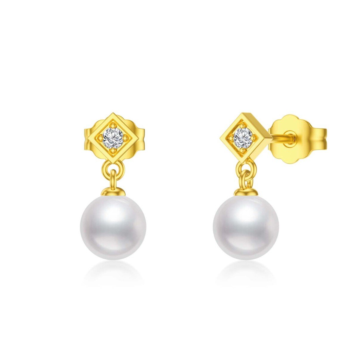 14K Gold Round Cubic Zirconia & Pearl Drop Earrings-3