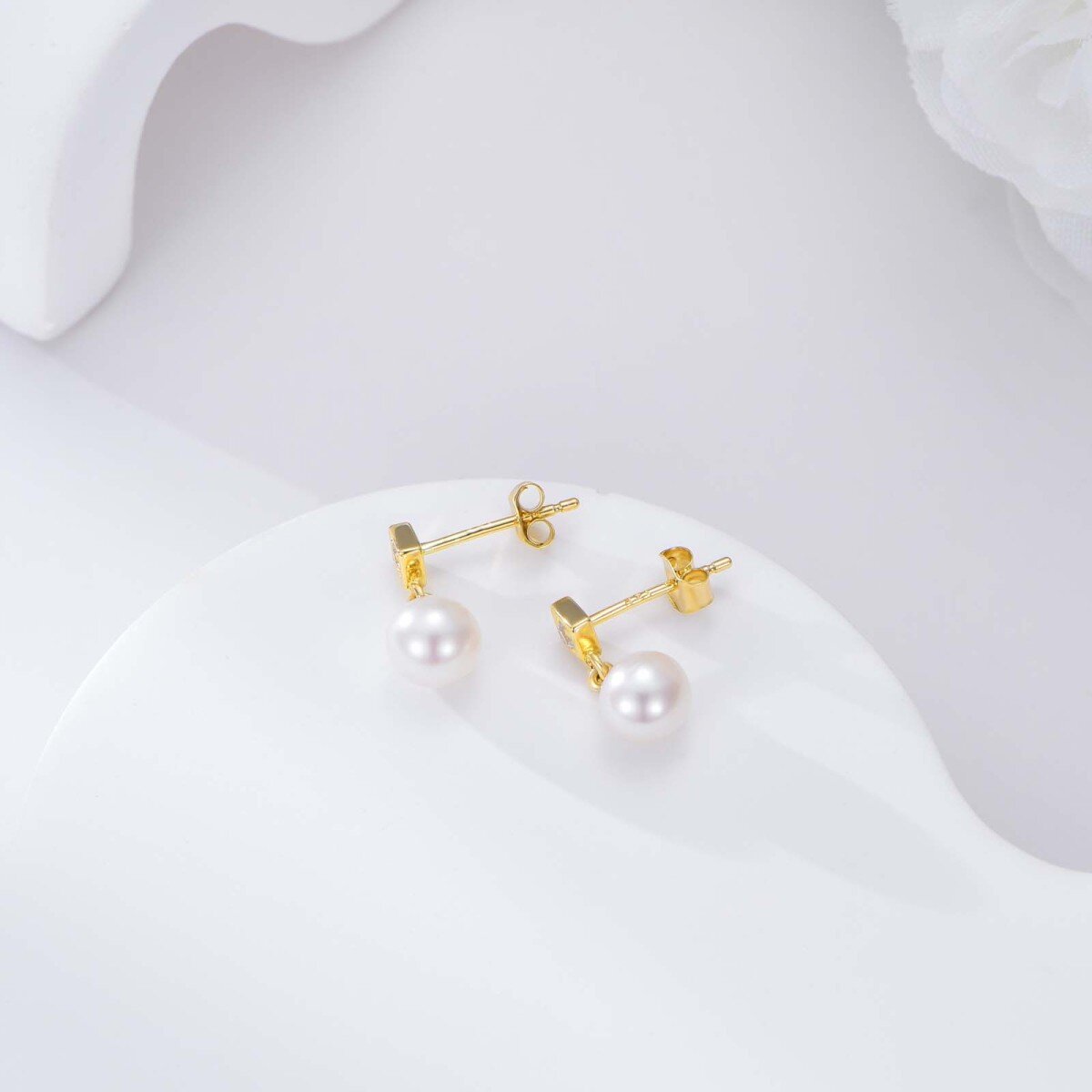 14K Gold Round Cubic Zirconia & Pearl Drop Earrings-5