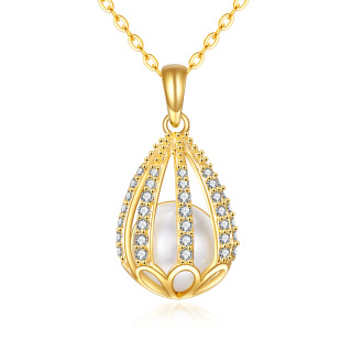 10K Gold Round Cubic Zirconia & Pearl Drop Shape Pendant Necklace-33