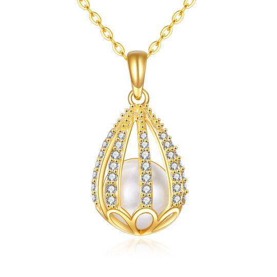 Collana con ciondolo a forma di goccia in oro 14K con zirconia cubica rotonda e perla