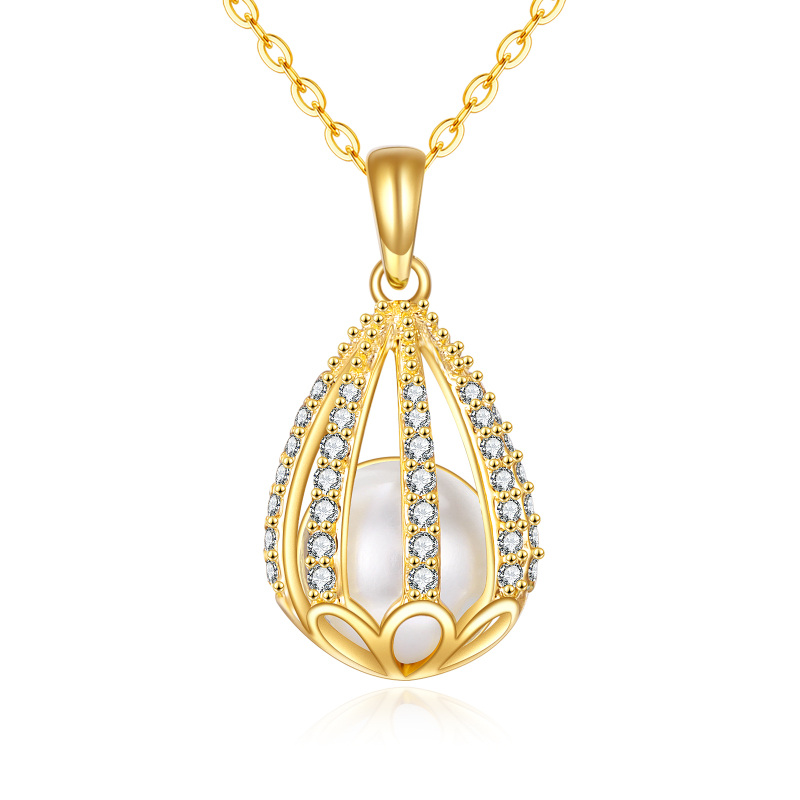 10K Gold Round Cubic Zirconia & Pearl Drop Shape Pendant Necklace-2