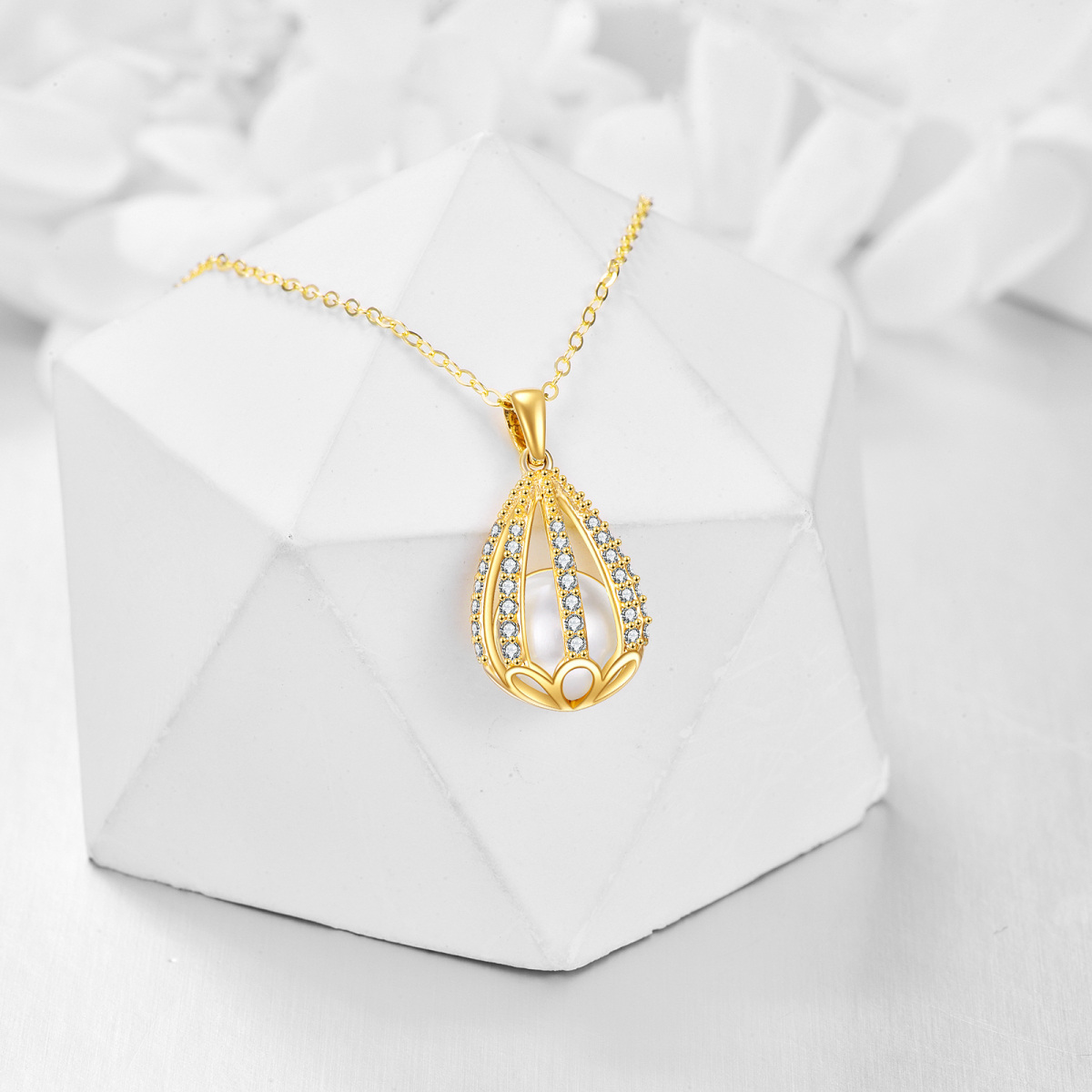 10K Gold Round Cubic Zirconia & Pearl Drop Shape Pendant Necklace-3