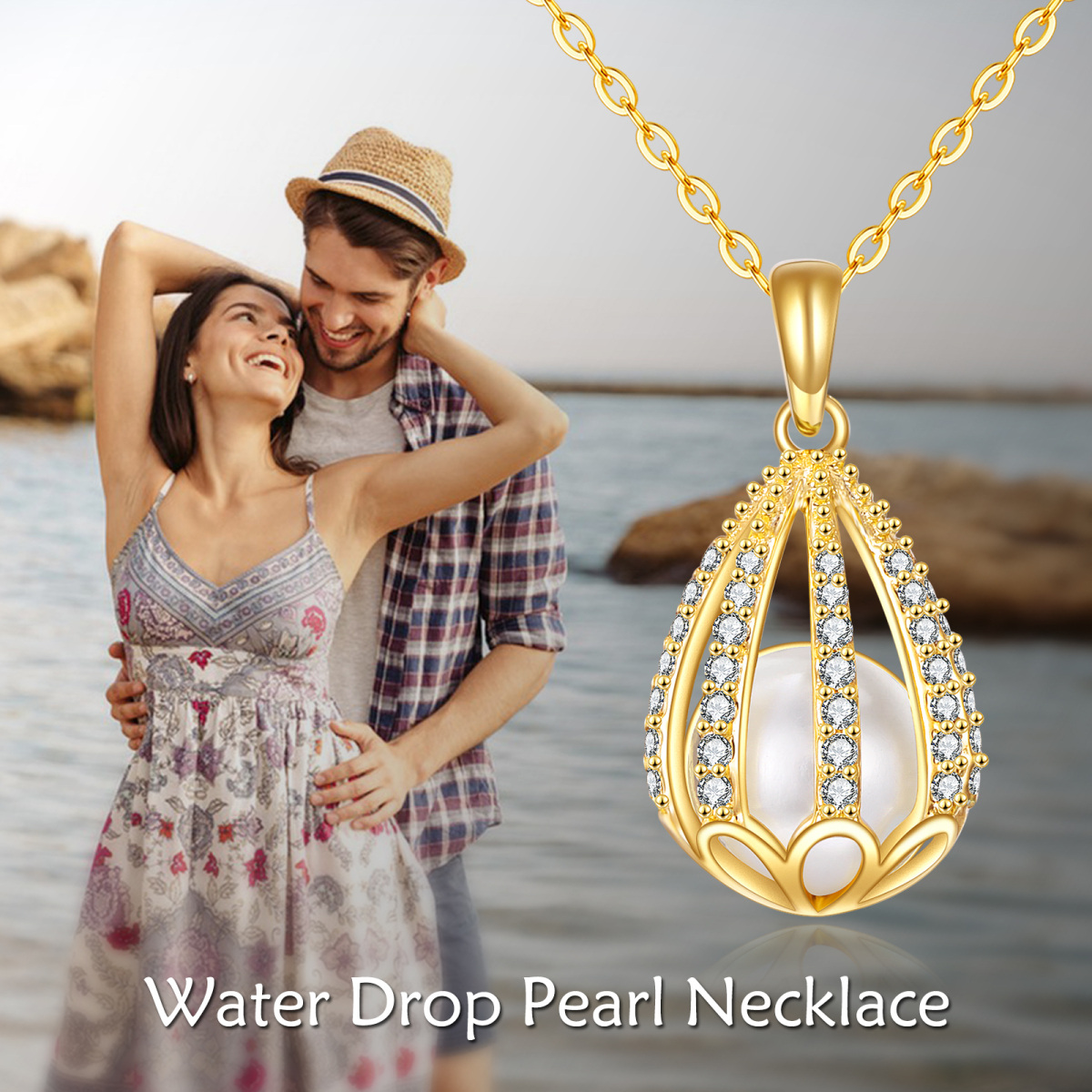 10K Gold Round Cubic Zirconia & Pearl Drop Shape Pendant Necklace-6