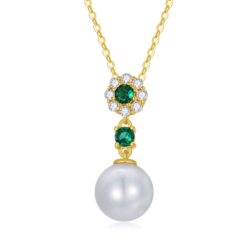 10K Gold Round Pearl & Emerald Round Pendant Necklace For Women-1