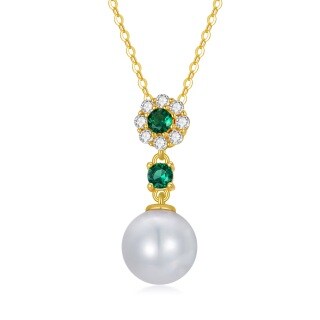 10K Gold Round Pearl & Emerald Round Pendant Necklace For Women-20