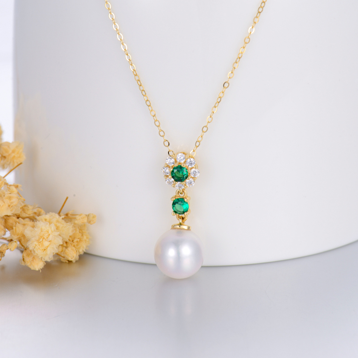 14K Gold Round Pearl & Emerald Round Pendant Necklace For Women-3