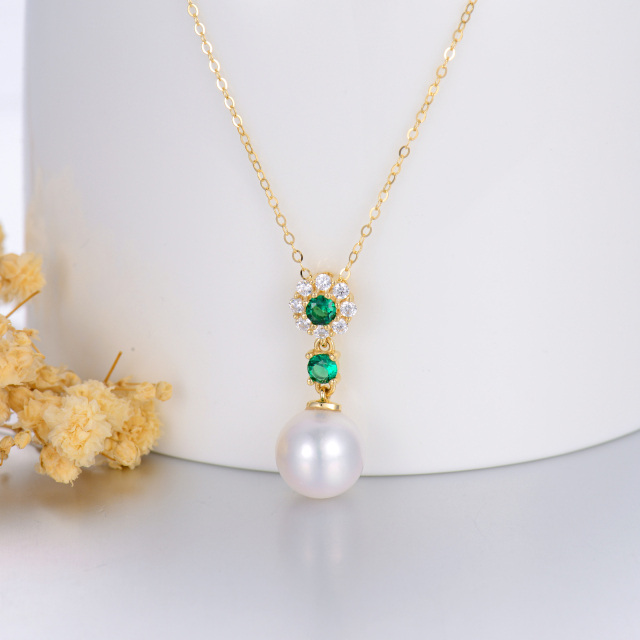 14K Gold Round Pearl & Emerald Round Pendant Necklace-3