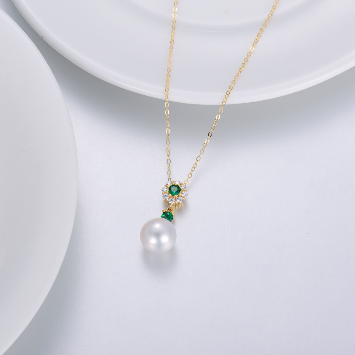 14K Gold Round Pearl & Emerald Round Pendant Necklace For Women-4