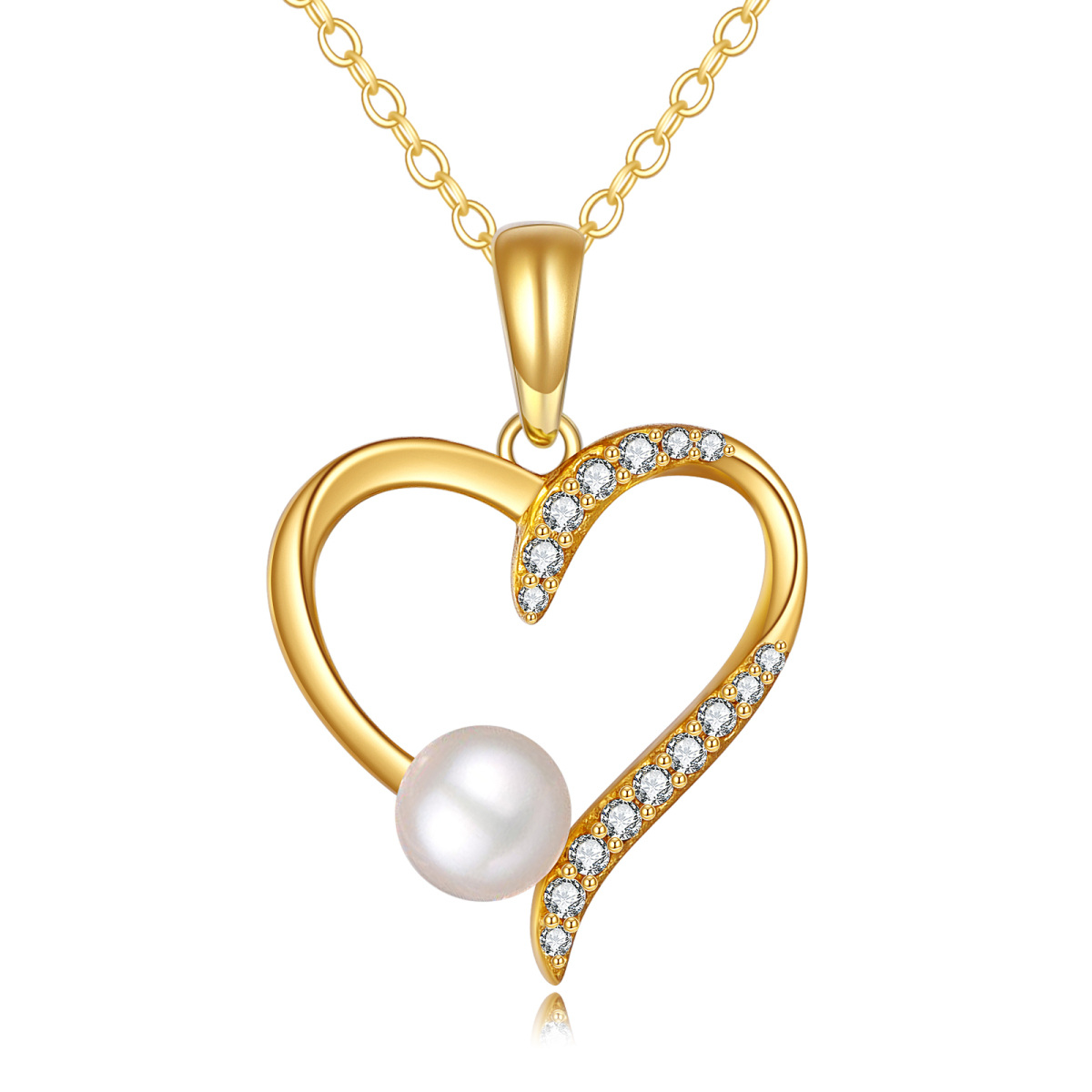 10K Gold Round Cubic Zirconia & Pearl Heart Pendant Necklace-1