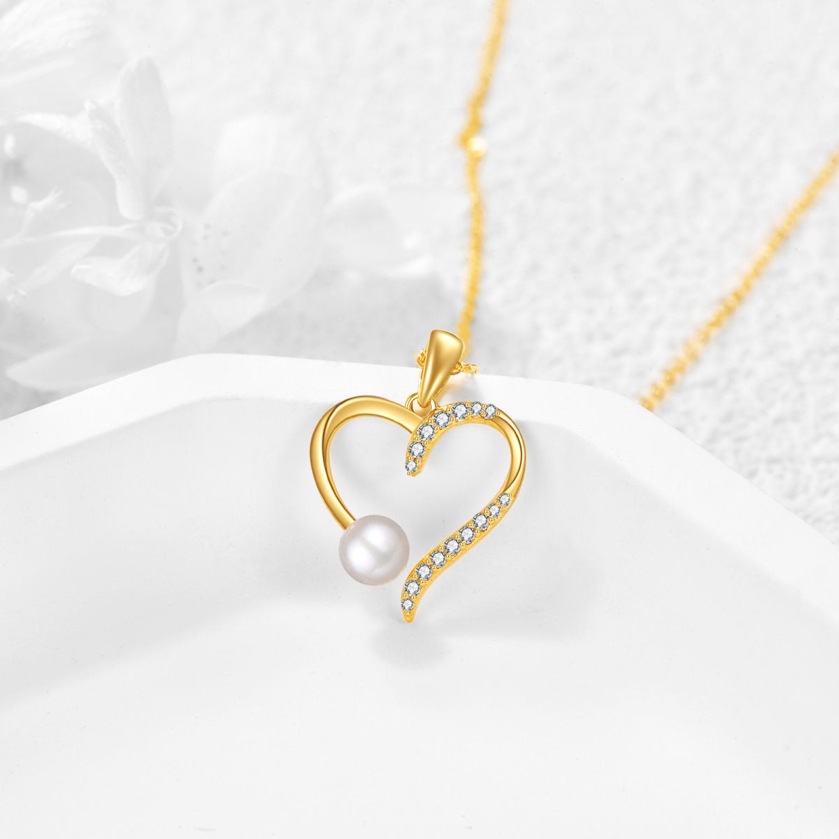 14K Gold Round Cubic Zirconia & Pearl Heart Pendant Necklace-3