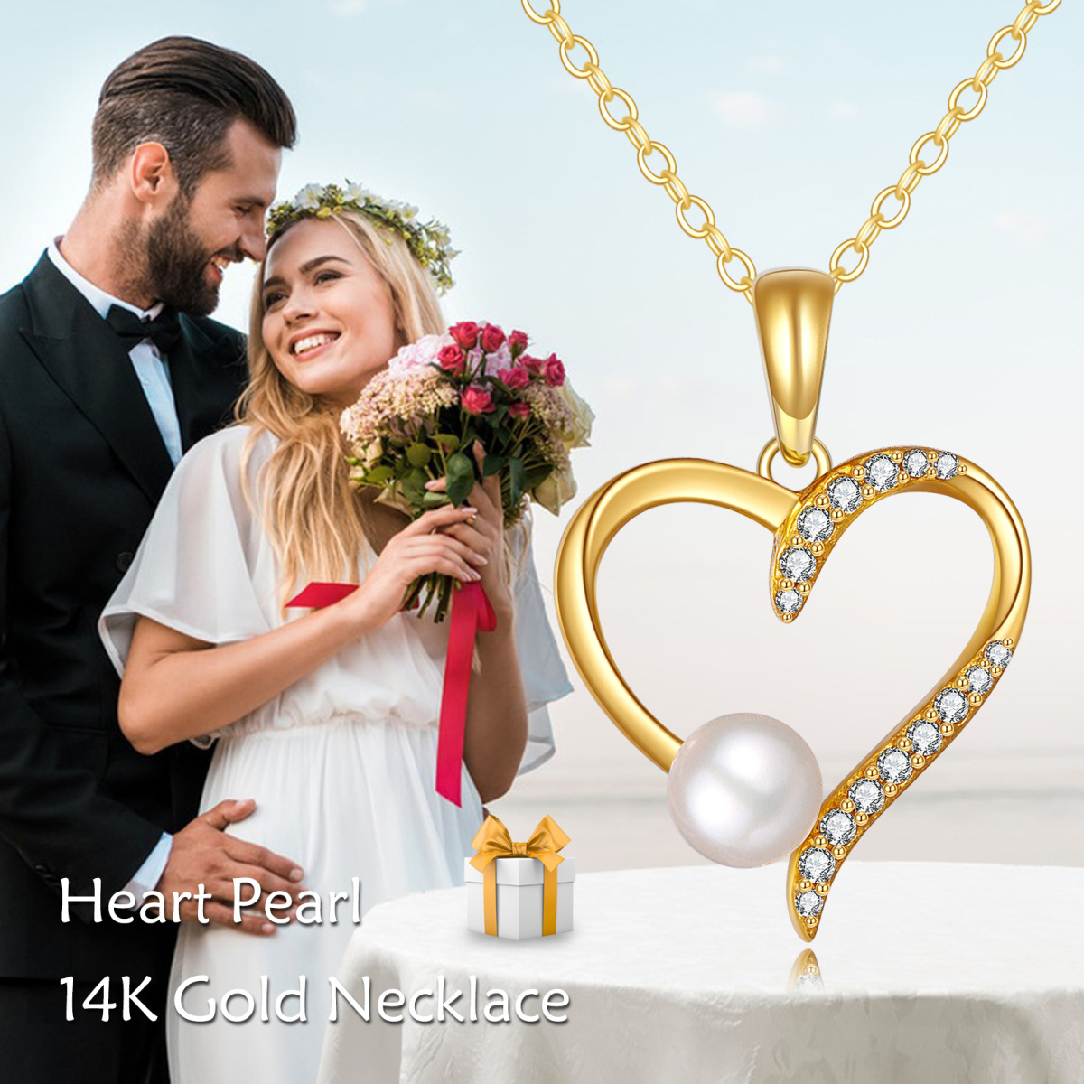 Collier en or 14K avec pendentif cœur en zircon cubique rond et perle-6