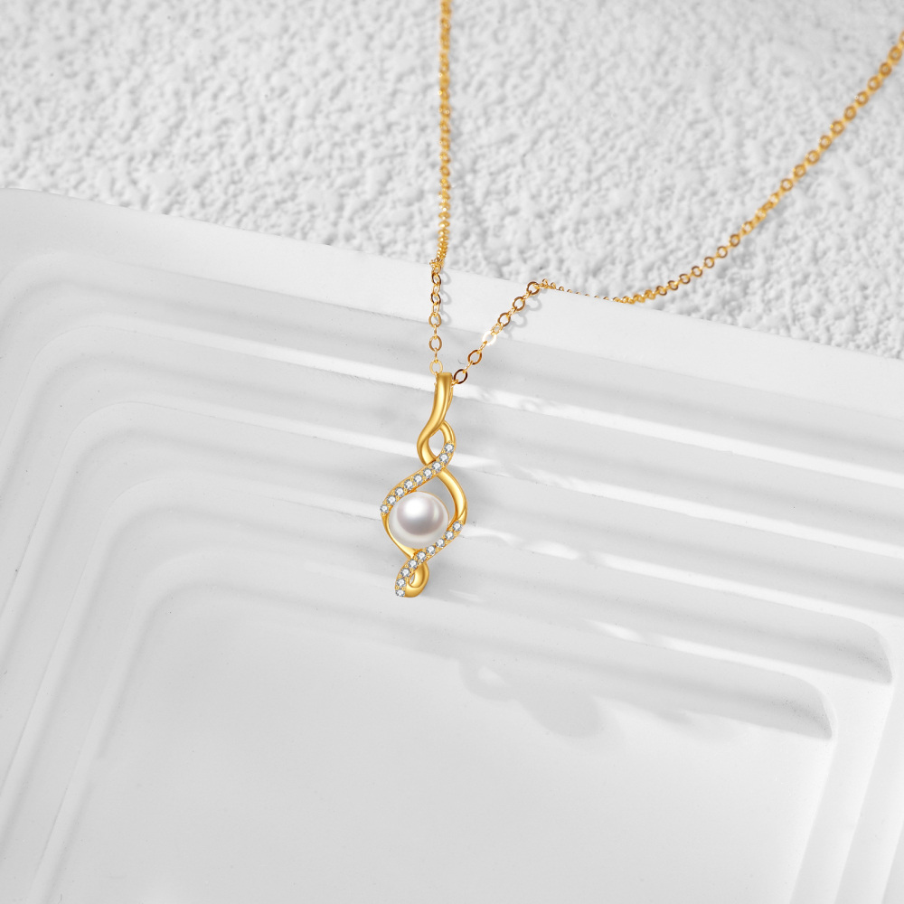 10K Gold Round Pearl Infinity Symbol Pendant Necklace-3