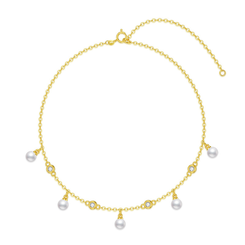 Collier ras du cou en or 14K avec zircon cubique rond et perles en métal