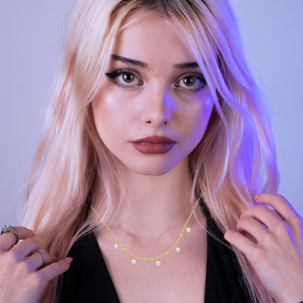 10K Gouden Ronde Cubic Zirkonia & Parel Metalen Choker Ketting-2