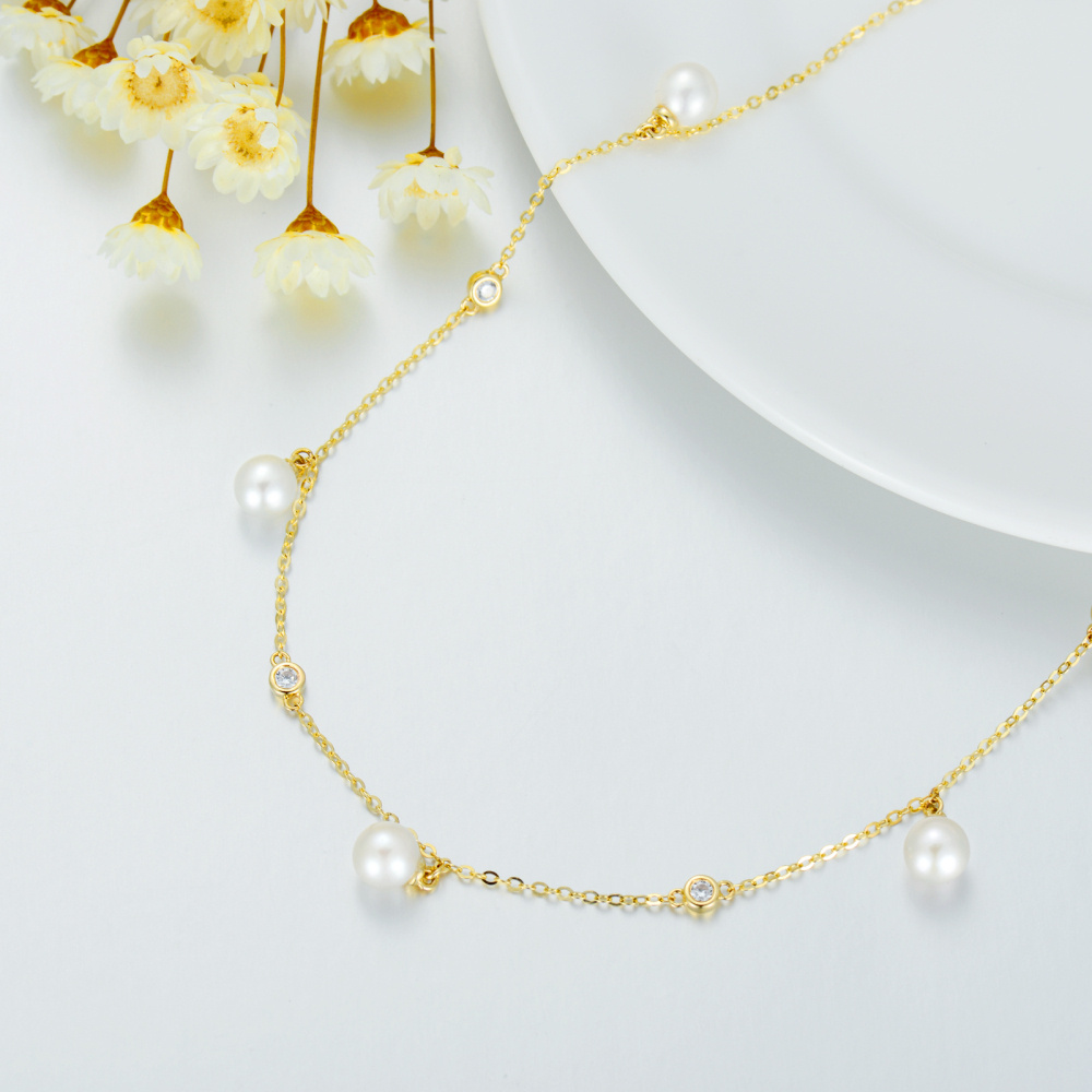 10K Gouden Ronde Cubic Zirkonia & Parel Metalen Choker Ketting-4