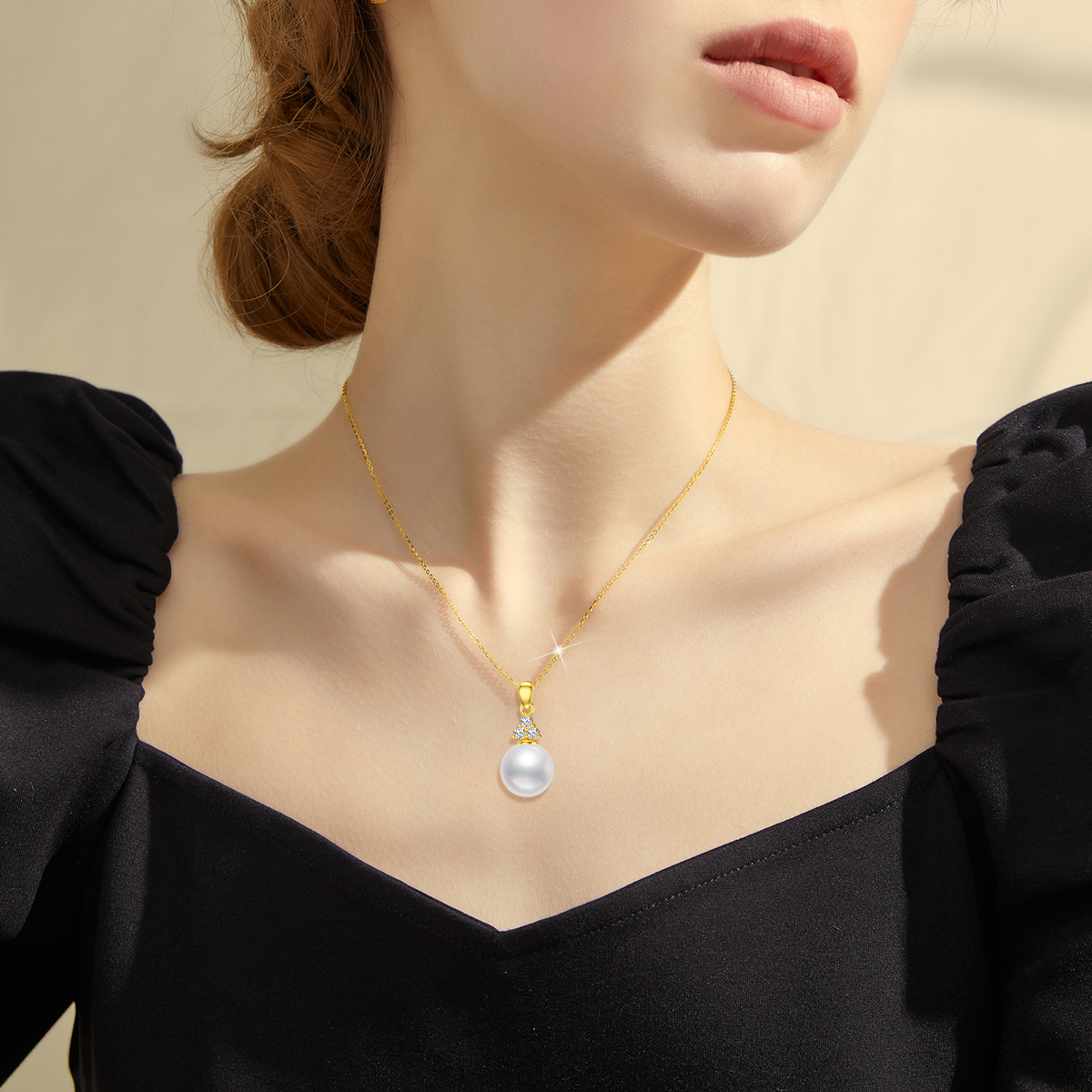 10K Gold Round Pearl Zircon Pendant Necklace For Women-2