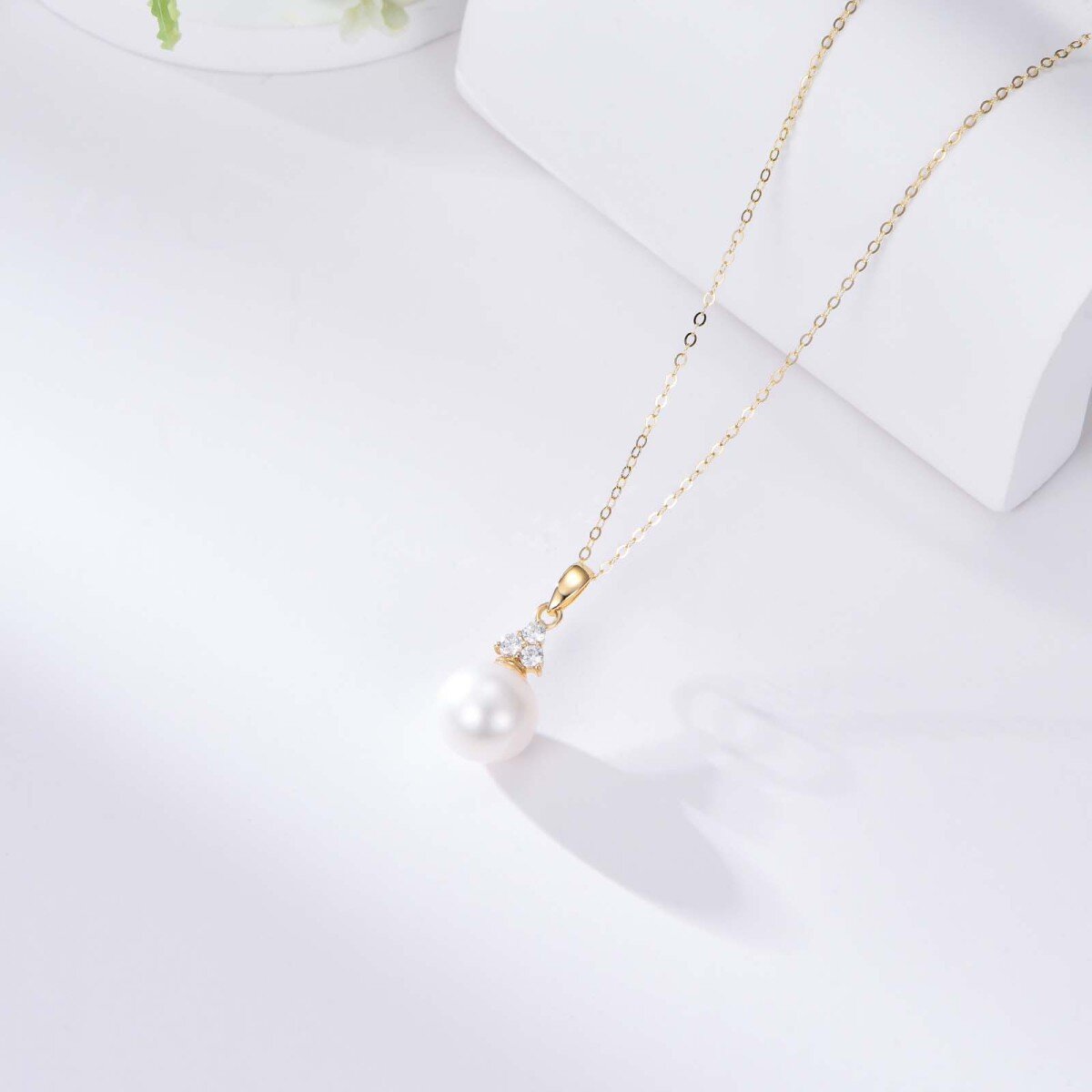 14K Gold Round Pearl Zircon Pendant Necklace For Women-3