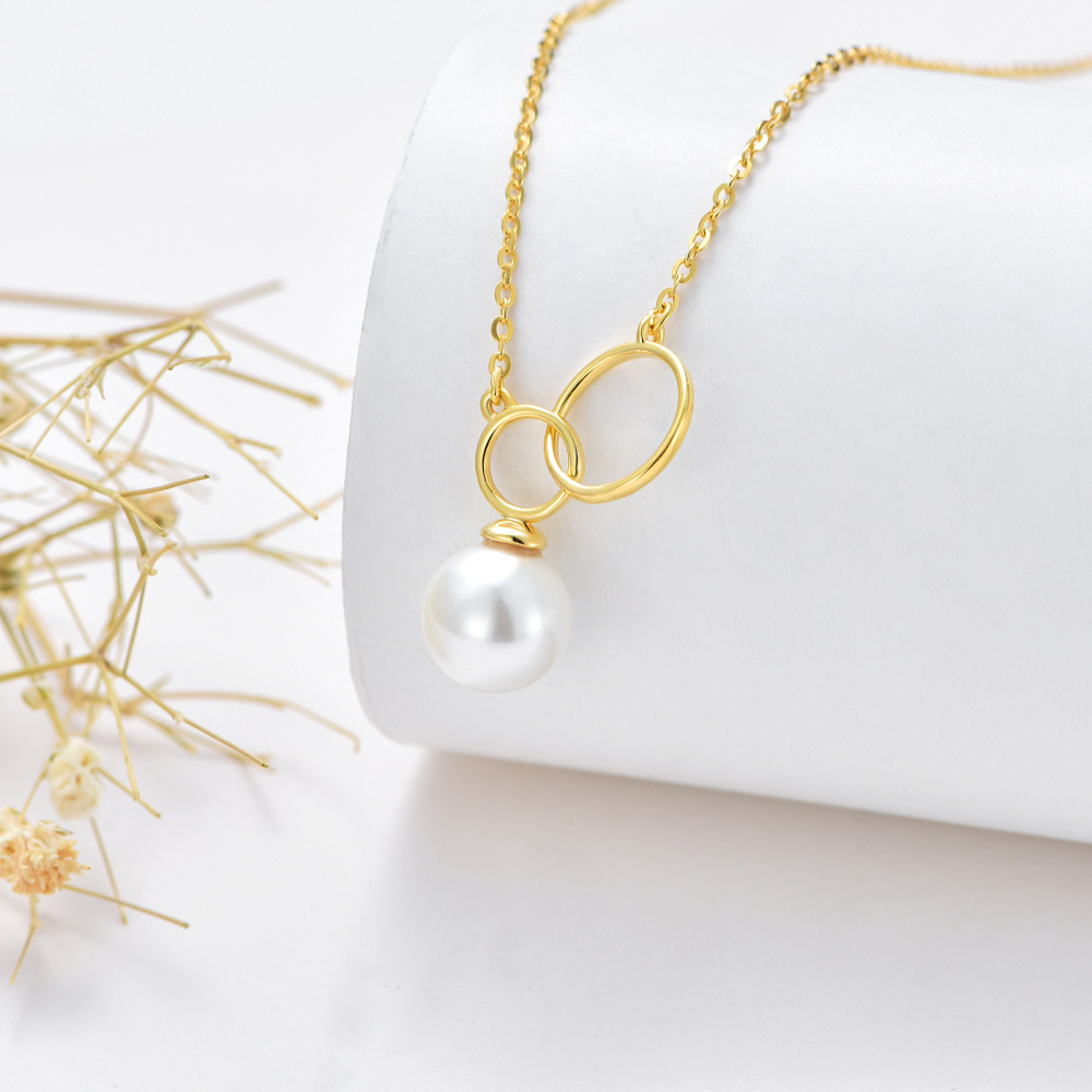 10K Gold Round Pearl Round Pendant Necklace For Women-3