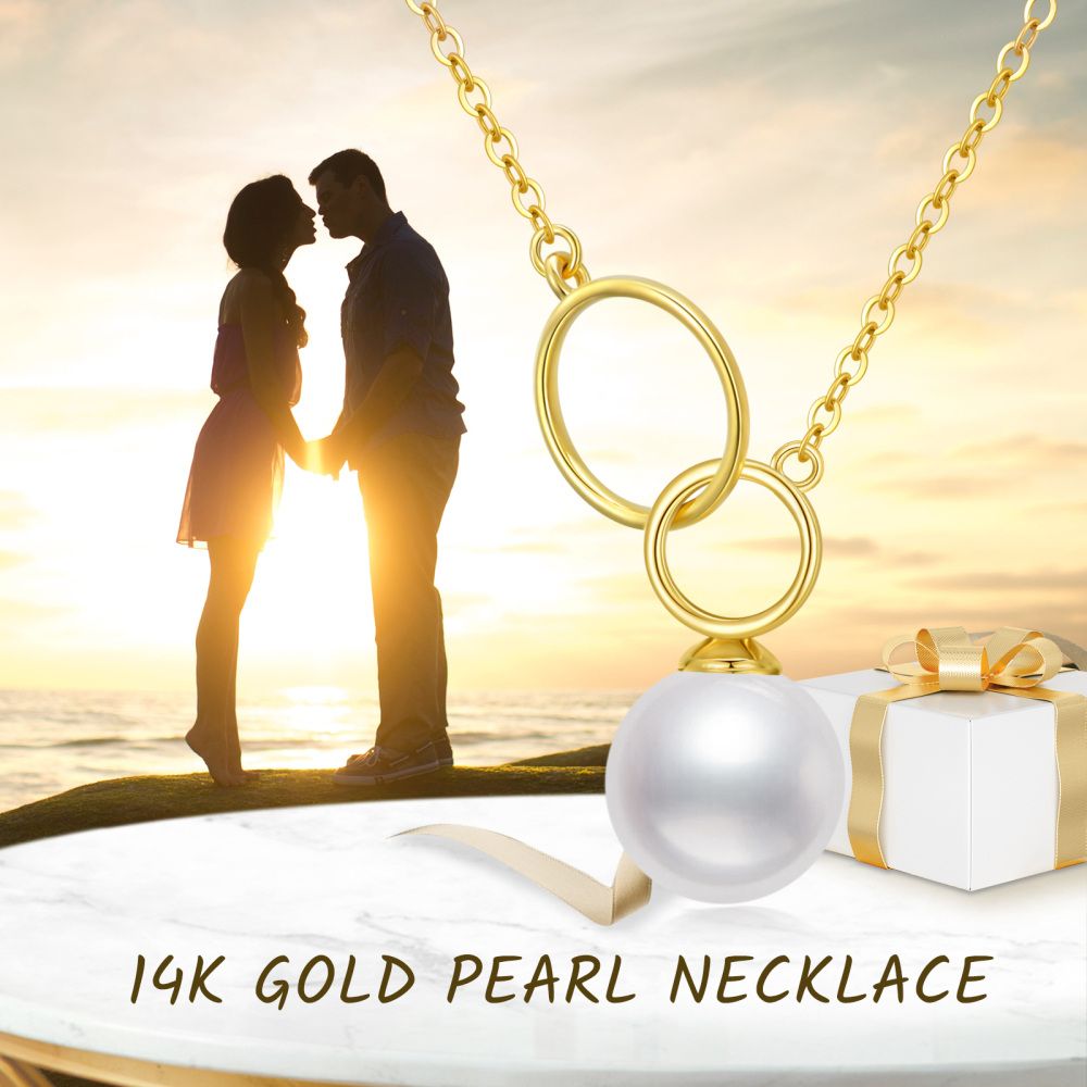 10K Gold Round Pearl Round Pendant Necklace For Women-6